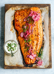 Roast Salmon with Pomegranate Glaze and Herby Mayo