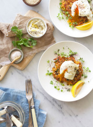 Carrot, Parsnip and Cumin Rosti with Poached Eggs and Black Pepper Labne