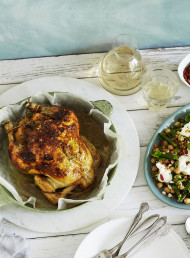 Feta and Harissa Roasted Chicken with Farro, Mint and Goji Berry Salad