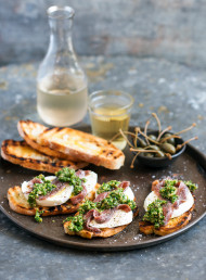 Mozzarella Tartines with Anchovies and Olive and Parsley Salsa