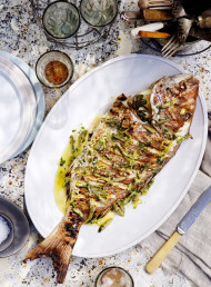 Whole Grilled Fish with Lemon, Cornichons and Oregano Dressing