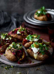 Baked Potatoes with Sliced Pastrami, Red Kraut and Smoky Chilli Beans