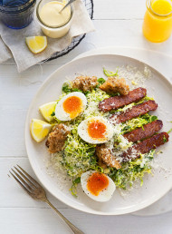 Brussels Sprout Breakfast Caesar Salad with Tempeh Bacon