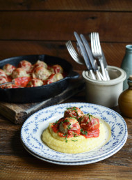 Pork and Fennel Polpette in Tomato Sauce on Creamy Polenta