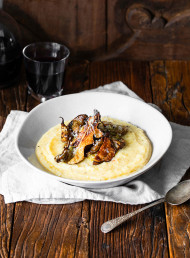 Polenta with Roasted Jerusalem Artichokes and Garlicky Lemon Dressing