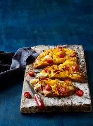 Quinoa Pizza with Shaved Pumpkin, Mozzarella and Cherry Tomatoes (gf) 