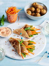 Roti Wraps with Falafel, Paprika Mayo and Pickled Carrots