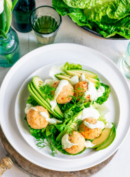 Salmon Balls with Avocado and Lemon Dill Mayo
