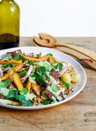 Seared Lamb Cutlets on Farro with Mint, Spinach and Baby Roast Vegetables