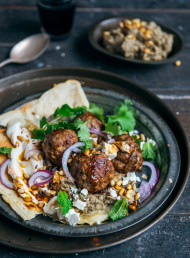 Loaded Lamb Meatballs with Eggplant Hummus