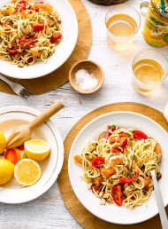 Spaghetti and Prawns with Roasted Almonds, Parsley and Capers