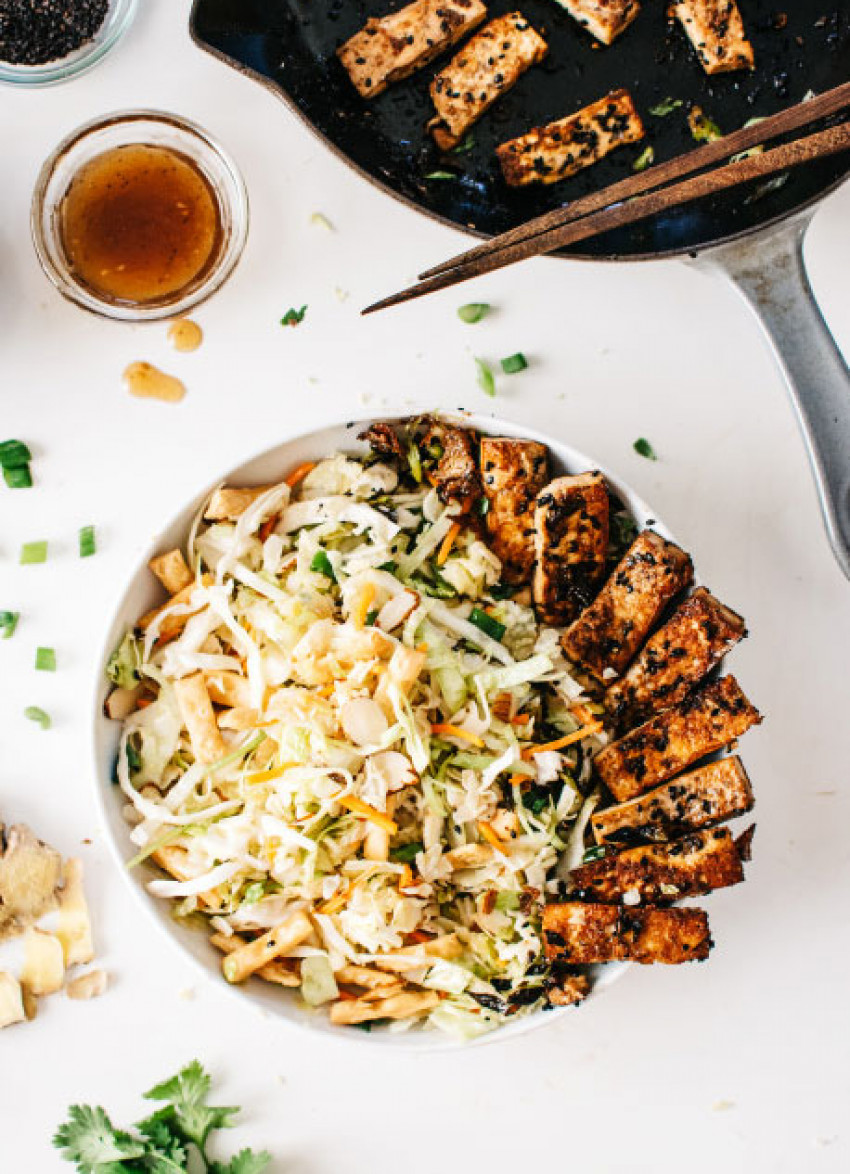 Ume Plum Vinegar and Black Sesame Chopped Salad with Pan-Seared Sesame Tofu