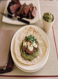 Warm Flatbreads with Marinated Lamb and Avocado Hummus
