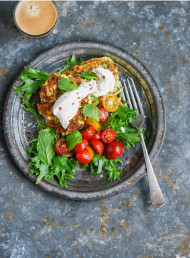 Zucchini and Pea Fritters with Feta Yoghurt Whip